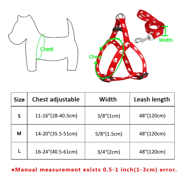 Nylon Dog Harness and Leash Set Adjustable Paw Print Dog Harness Walking Leash Strap for Small Medium Dogs S/M/L 6