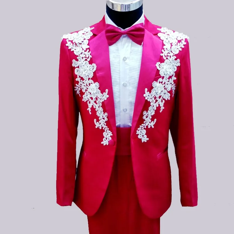 Latest Coat Pant Designs Red Rhinestone Applique Pattern Mens Suit Slim Fit Costume Stage Custom