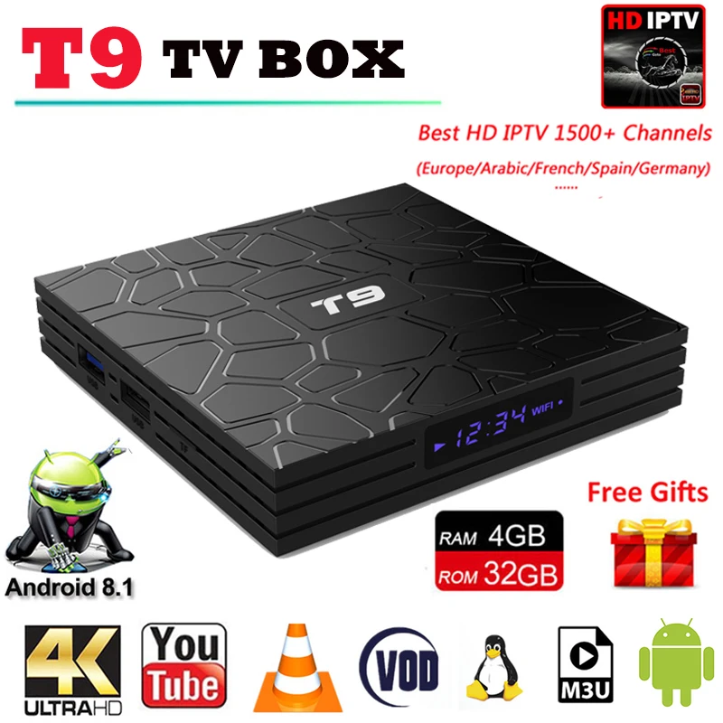 

Newest Android 9.0 TV Box T9 RK3328 Quad Core 4G/32G USB 3.0 Smart 4K support IPTV Google Player Netflix Youtube Set Top Box