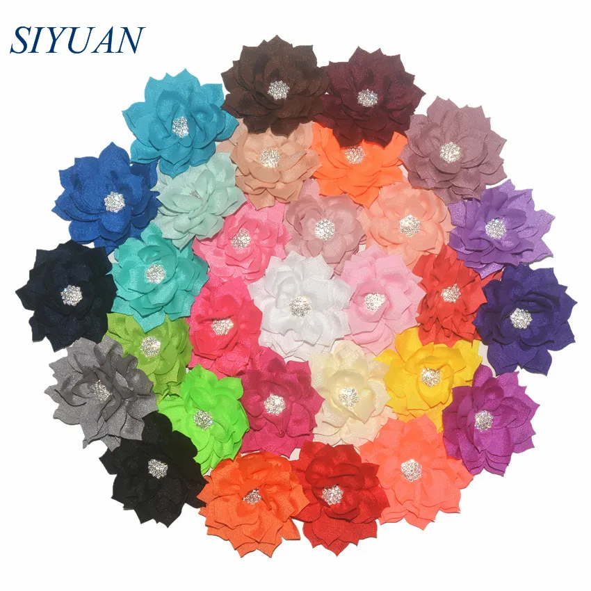 

50pcs/lot 3.2'' Polyester Lotus Flower with Shiny Rhinestone Button Beautiful Headwear Flower 30 Bright Colors TH288