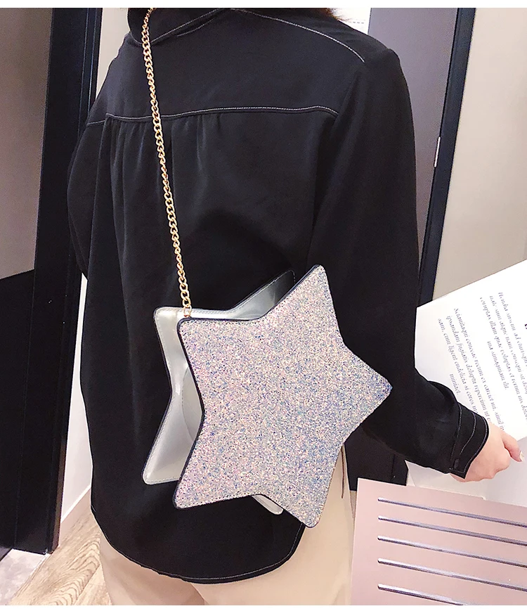 Sequins Stars Style Pu Leather Fashion Casual Ladies Chain Purse Shoulder Bag Tote Crossbody Mini Bag Female Bolsa Handbag Flap