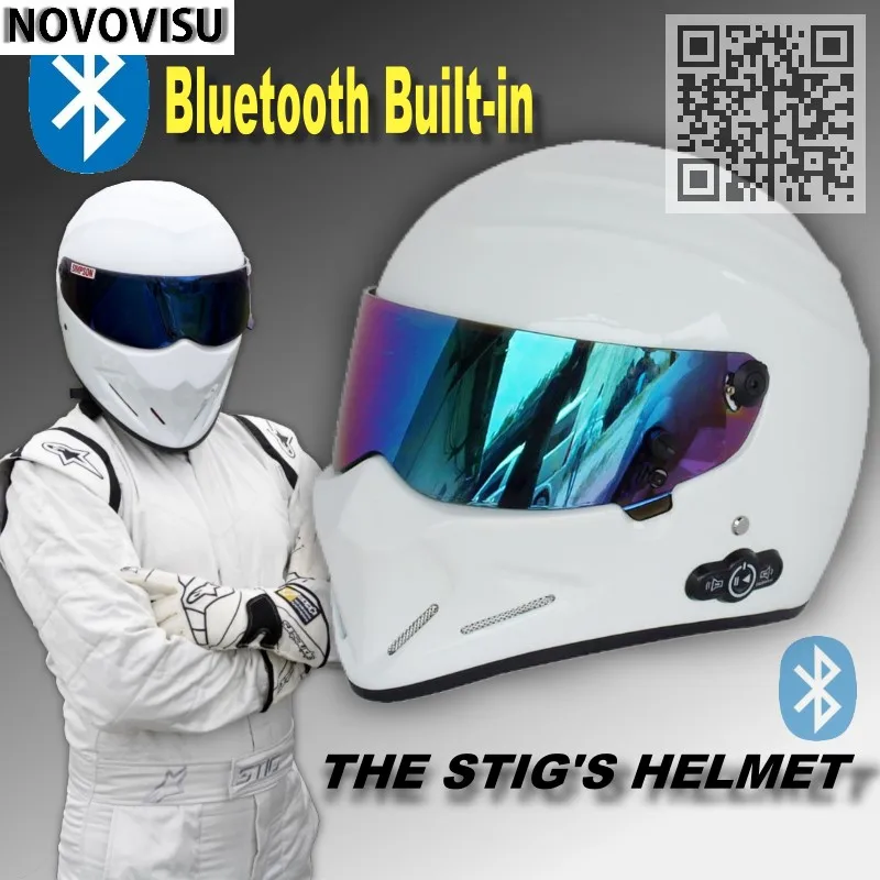 

NOVOVISU The STIG Helmet With Bluetooth Built in White Helmet Capacete Casco De with Colorful Visor + Phone Call Intercom Motor
