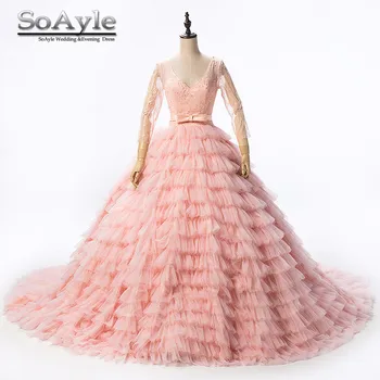 

SoAyle vestido de noiva Appliques Sashes Tiered V Neck Ball Gown Wedding Dress Plus Size