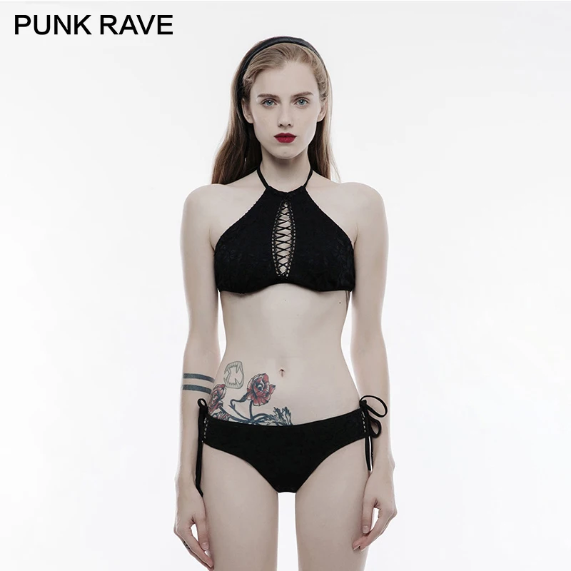 

PUNK RAVE Gothic Women Ribbon Laced Tanks Elastic Knitted Straps Beach Clothing Holiday Party Lace Pattern High Elastic Tops