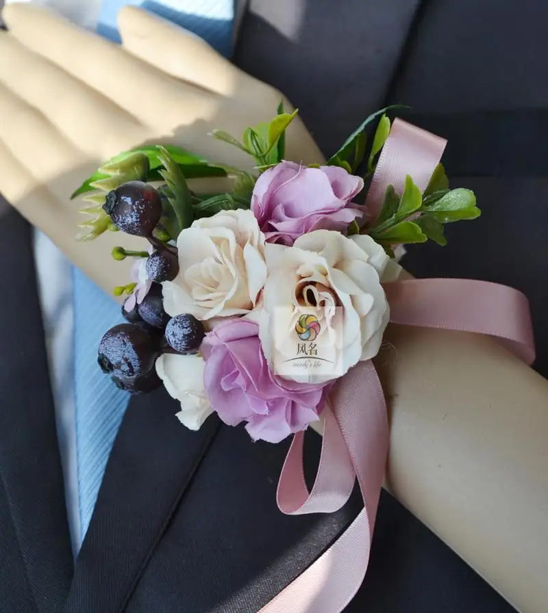 1 шт., ручная работа, бутоньерка для жениха или невесты, подружки невесты, для женщин, на запястье, искусственные цветы, корсажи, цветок розы - Цвет: Color1 Wrist Flower