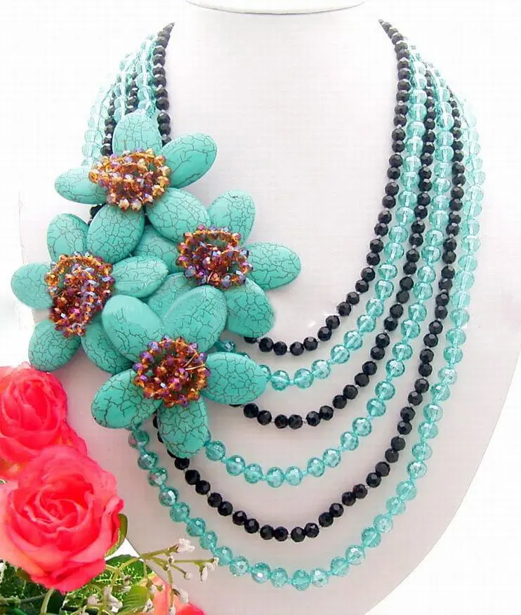 

6Strds Green Semi-precious Stone Flower&Faceted Crystal Necklace