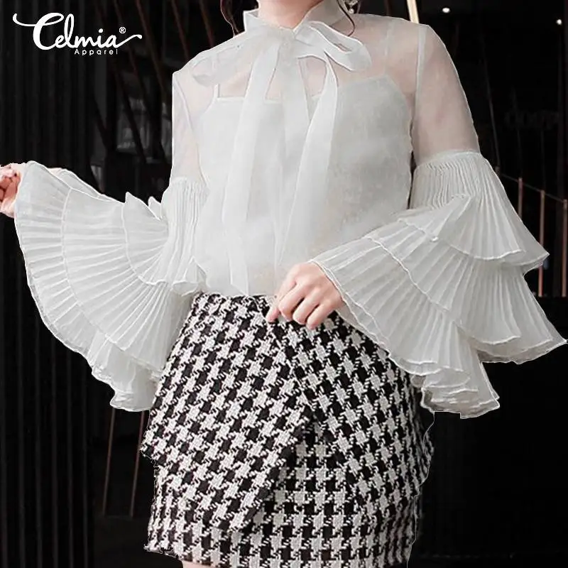 

Fashion Women Tops Celmia 2019 New Long Sleeve Ruffled Shirts Casual Bow Ladies Blouses Loose See Through Sexy Blusas Plus Size