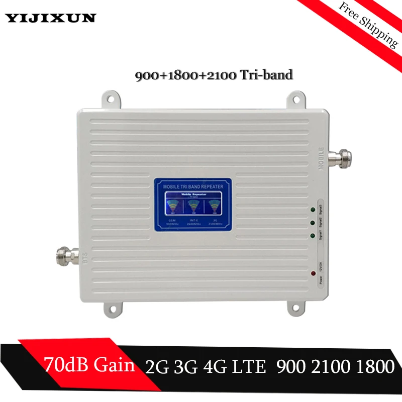 

70dB Gain 2g 3g 4g Tri Band Signal Booster 900 1800 2100 GSM WCDMA UMTS LTE Cellular Repeater 900/1800/2100mhz Amplifier