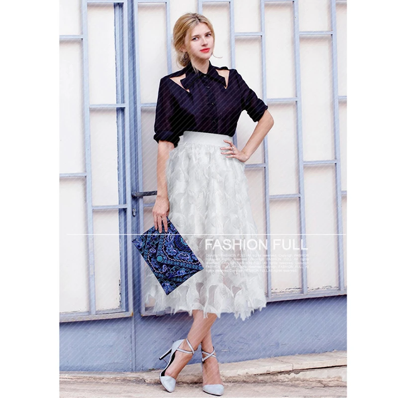 

2019 New Spring Summer Women Skirt Sweet Elegant Solid A-Line Empire Feathers Patchwork Mid-Calf Big Pendulum Half-length Skirt