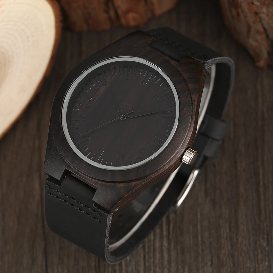 Unique Full Black Men's Ebony Wood Watch Luxury Gifts Light Bamboo Analog Quartz Wristwatch with Genuine Leather Reloj de madera 2017 2018 Christmas Gifts for Men (8)