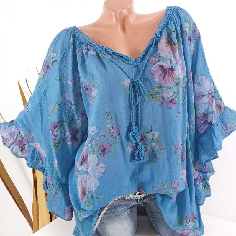Large size women's blouse 2019 autumn large size V-neck bat sleeve lace collar print shirt