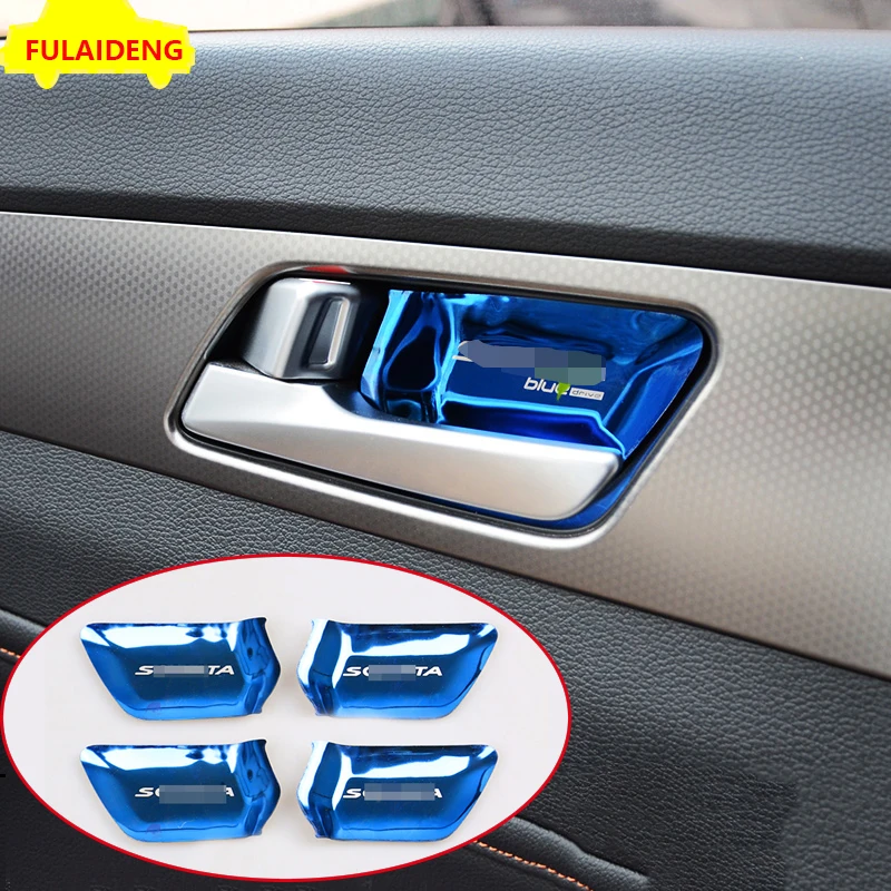 

4pcs For Hyundai Sonata 9th 2015-2018 Blue & Silver titanium Inner Side Door Bowl Cover Trim Car Styling Accessories