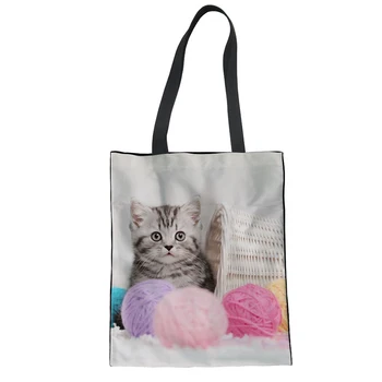 

THIKIN Cartoon Cute Cats Bear Fox Pattern Canvas Shoulder Handbags for Girls Student Book Bag Tote Foldable Shoulder Bag