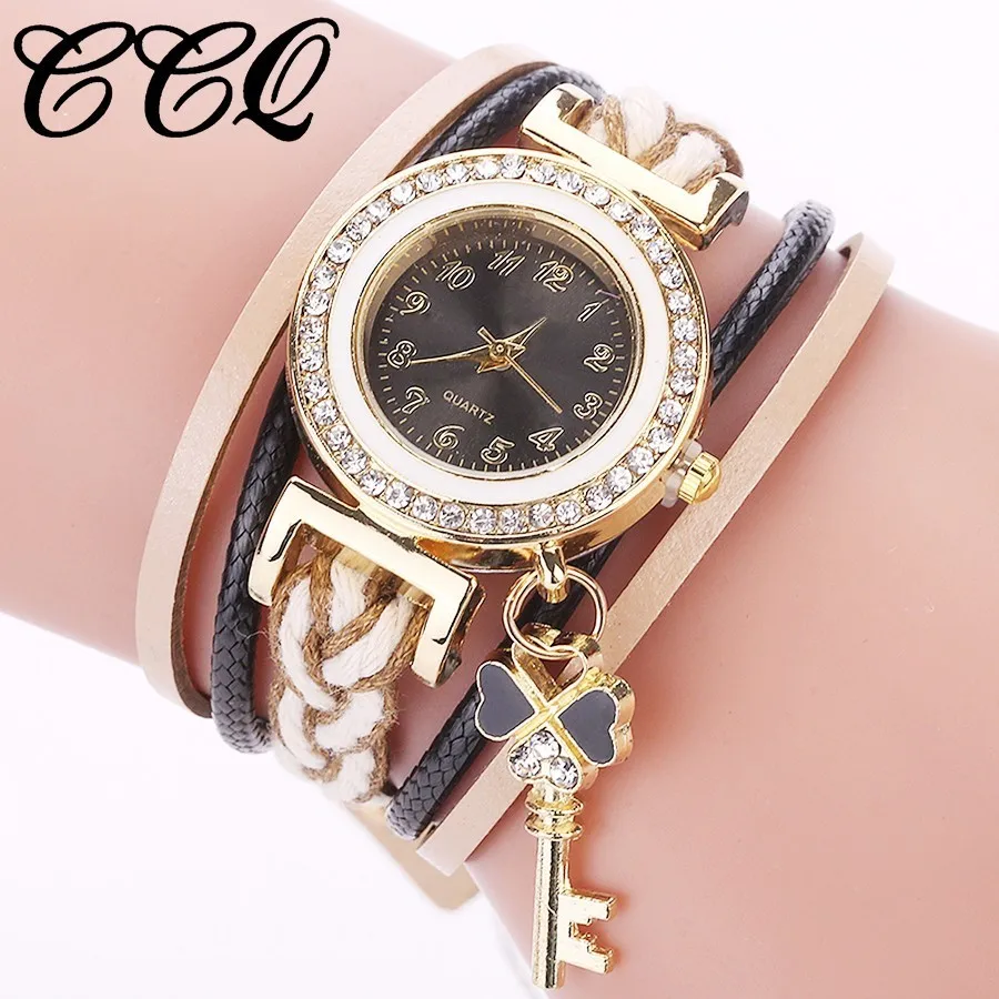 

Drop Shipping Women Fashion Leather Bracelet Watch Casual Ladies Handmade Braided Crystal Key Pendant Watch Relogio Feminino