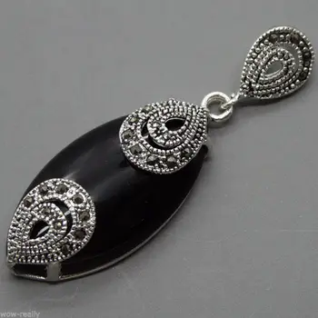 

Vintage 18mmX40mm Marcasite Black Agates 925 Sterling Silver Drop Pendant