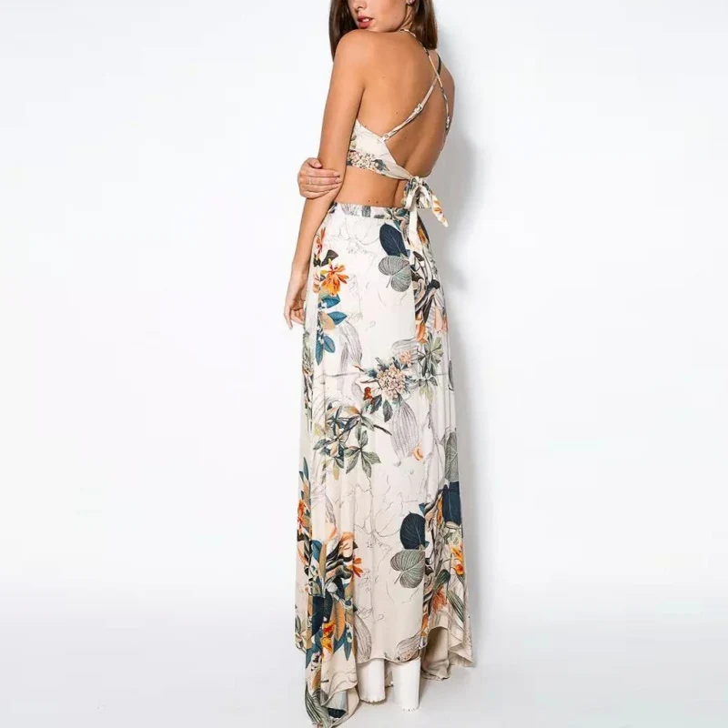 

Summer 2 piece/Set Women Cross Backless Dress Long Maxi Bohemian Halterneck vestidos Floral Print Party Beach Dress+Tank Tops W6