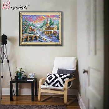 

RUYISHIJIA cross-stitch kits Handmade Needlework DMC Cross-Stitch Sets Embroidery Winter Christmas Village Decorative Painting