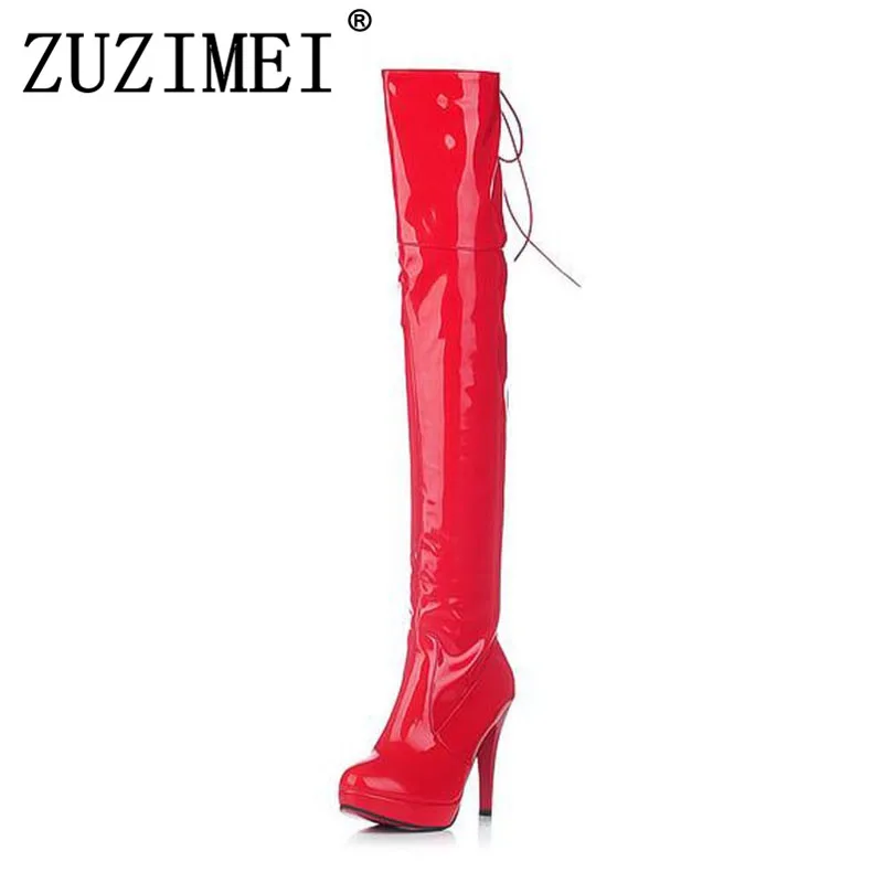 

Sexy Patent Leather Thin Heels Women Over The Knee Boots Ladies Platform High Heels Pole Dancing Boots Women Thigh High Boots
