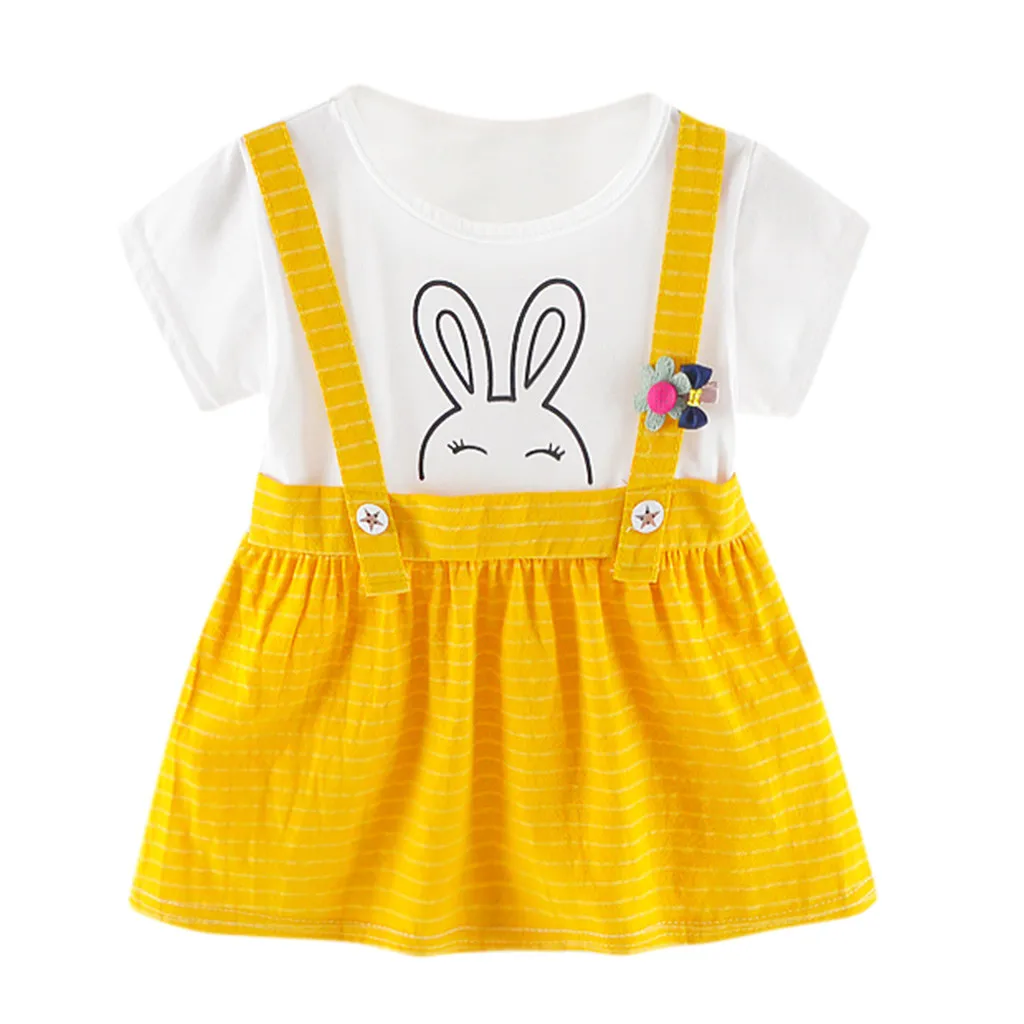 

2019 New Toddler Kid children Baby Girls Dresses clothes Rabbit Cartoon Striped Printed Party Princess Dress girl costume