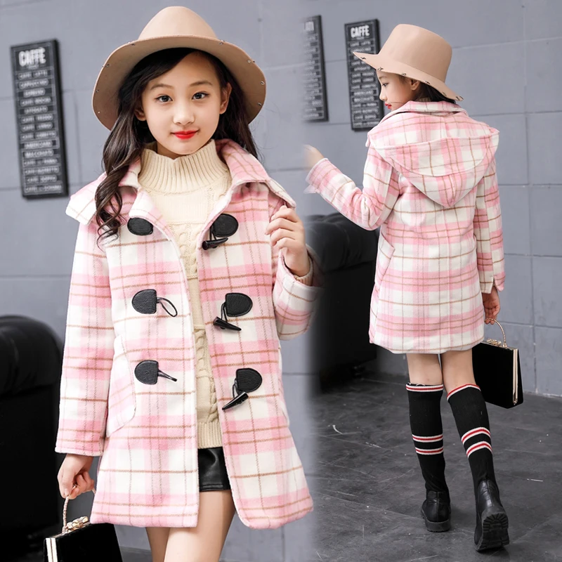 2018 High Quality Girls Winter Long Coat Children Fashion Horn Button Plaid Cotton-padded Wool Coat Kid Hooded Outerwear Jackets цена 2018 High Quality Girls Winter Long Coat Children Fashion Horn Button Plaid Cotton-padded Wool Coat Kid Hooded Outerwear Jackets цены онлайн
