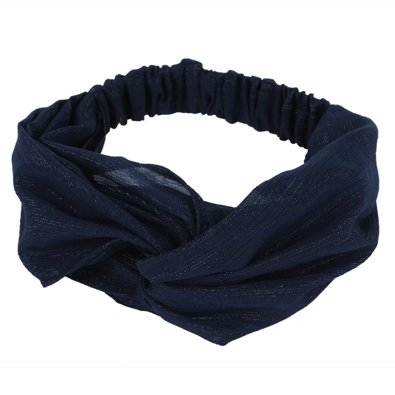 Retro Navy Blue Women Turban Headband Boho Trendy Crossed Elastic