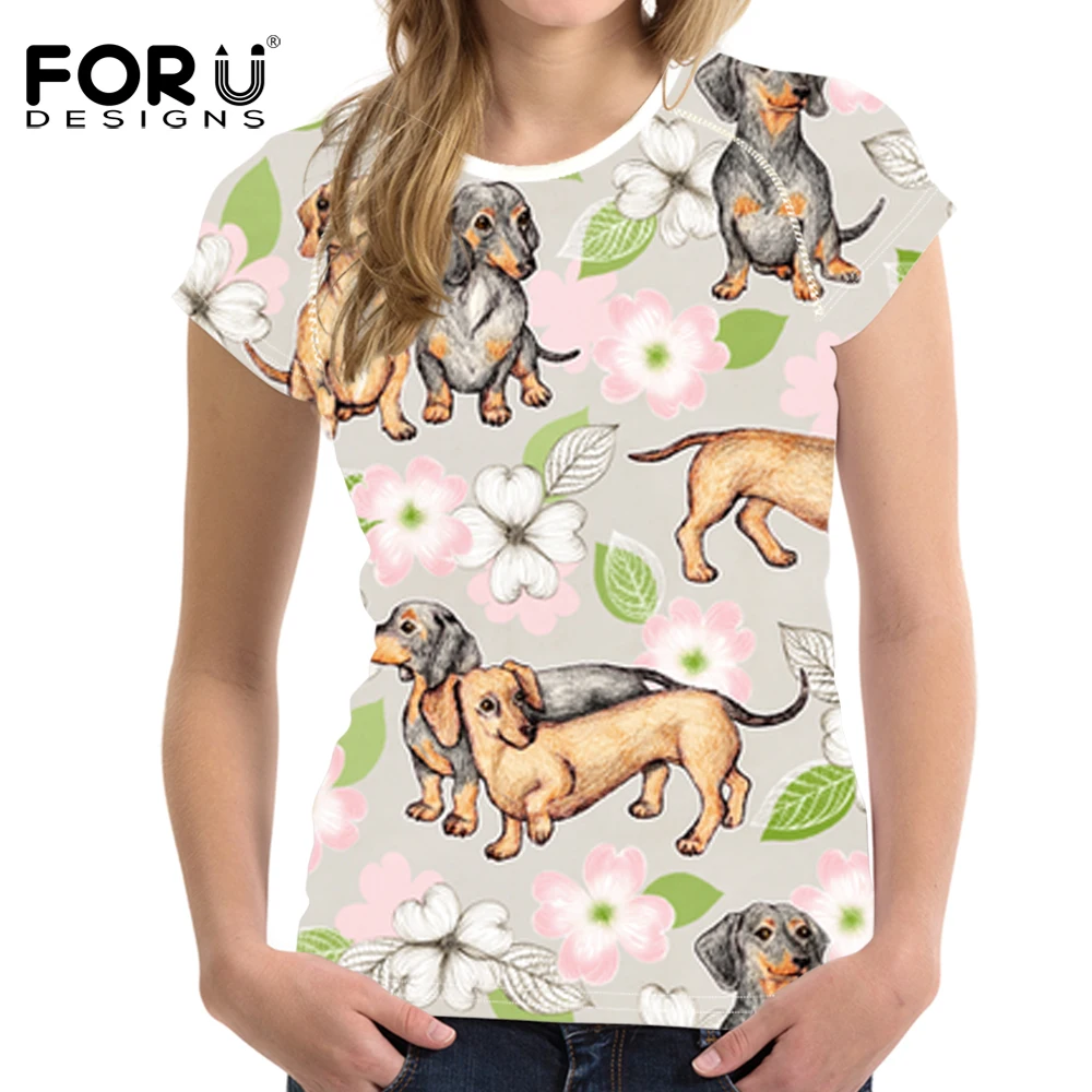 

FORUDESIGNS Funny Dachshund T Shirt Women Flower Print Floral T-shirt Ladies Fashion Summer Tee Shirt Females Cartoon Puppy Tops