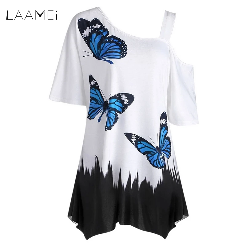 

Laamei Casual T-shirt Women Summer Short Sleeve Tops Fashion Butterfly Print Loose Tshirt Plus Size Strapless Tops Plus Size 4XL