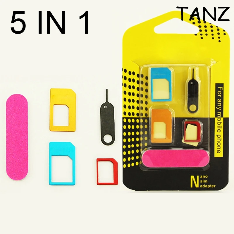 

5 in 1 Nano Sim Card Adapters + Regular & Micro Sim + Standard SIM Card & Tools For iPhone 4 4S 5 5c 5s 6 6s Retail Box