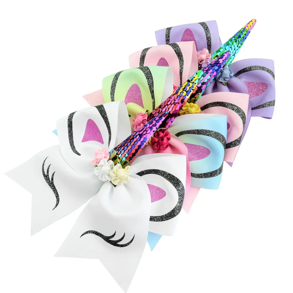 

free shipping 5pcs 7-8'' Girl Sequin Unicorn Party Cheer Bows Large Unicorn Cheer Bows Hair Bows With Elastic Band Ponytail