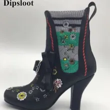 Dipsloot/Лидер продаж года; Модные женские ботильоны с вышивкой и цветами; модельные туфли на не сужающемся книзу массивном каблуке; женские носки без шнуровки