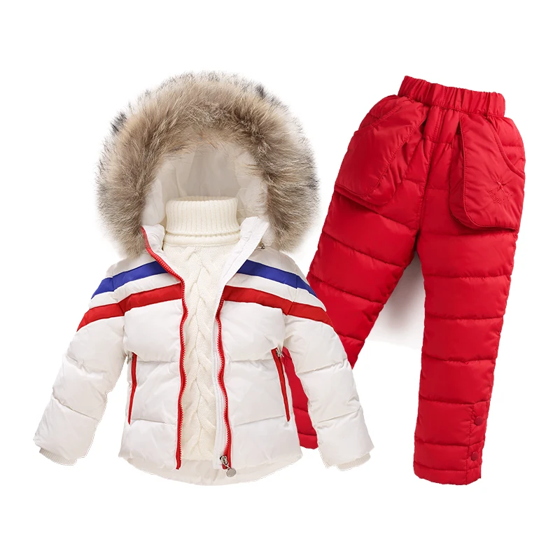 

New 2016 boys girls warm coat clothing set Natural white duck down children suit jacket + pants snowsuit for 1-4 years kids