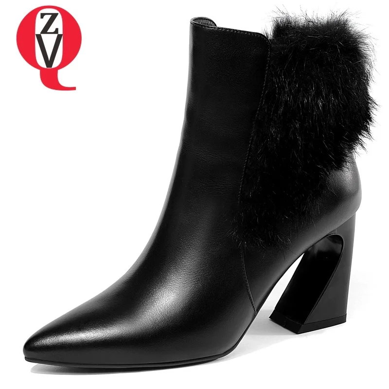 

ZVQ 2018 new fashion fur decoration handmade genuine leather pointed toe high strange style women shoes winter zip ankle boots