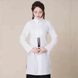 Китай модифицированный tangsuit народное платье кунг-фу Hanfu Стенд воротник Длинные рукава конопли платье отбеленный хлопок летняя одежда