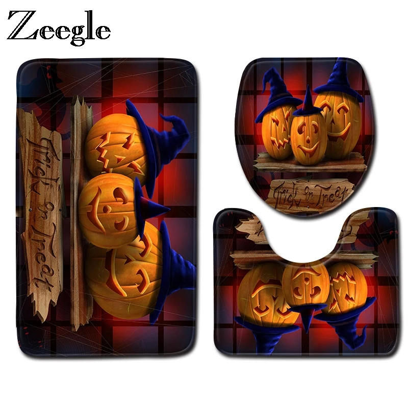 Zeegle Mat For Bathroom Halloween Pumpkin Printed Toilet Mat 3pcs Bathroom Rug Set Non-slip Bathroom Carpet Bath Mat Shower Rugs