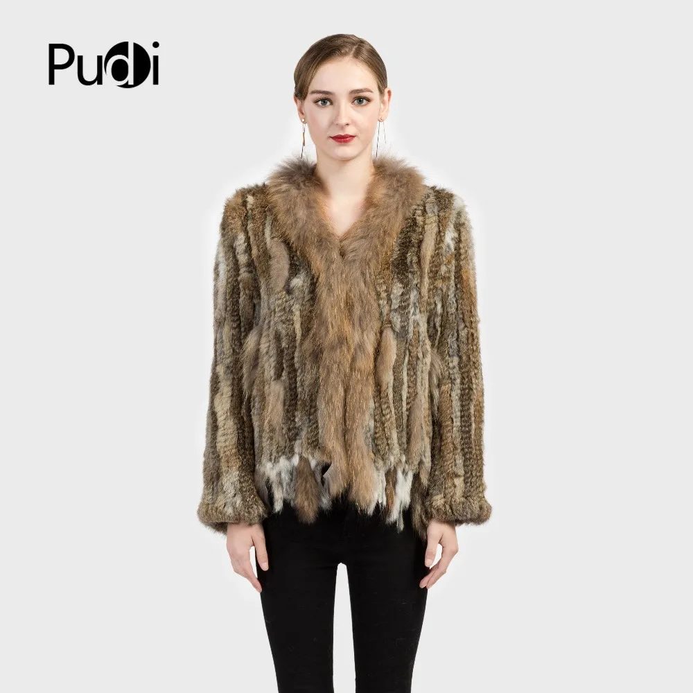 

CR007 Genuine Knitted Women Rabbit Raccoon Fur Coat Jacket Trench Outwear Parka