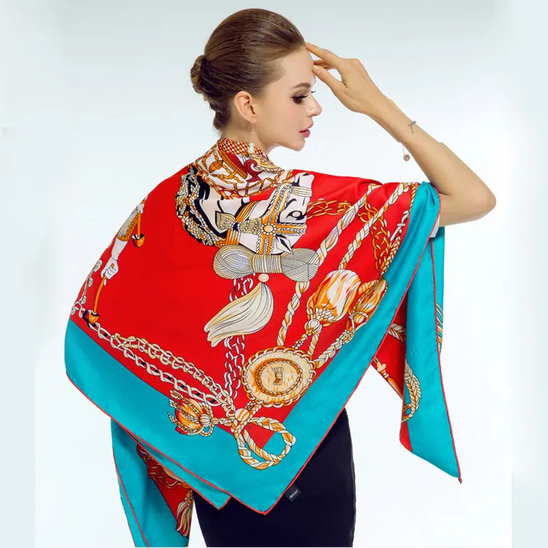 

130*130cm Fashion Poncho Square Chain Horse Spades K Spain Beach Shawl Women Brand Scarf Scarves Red Blue Yellow