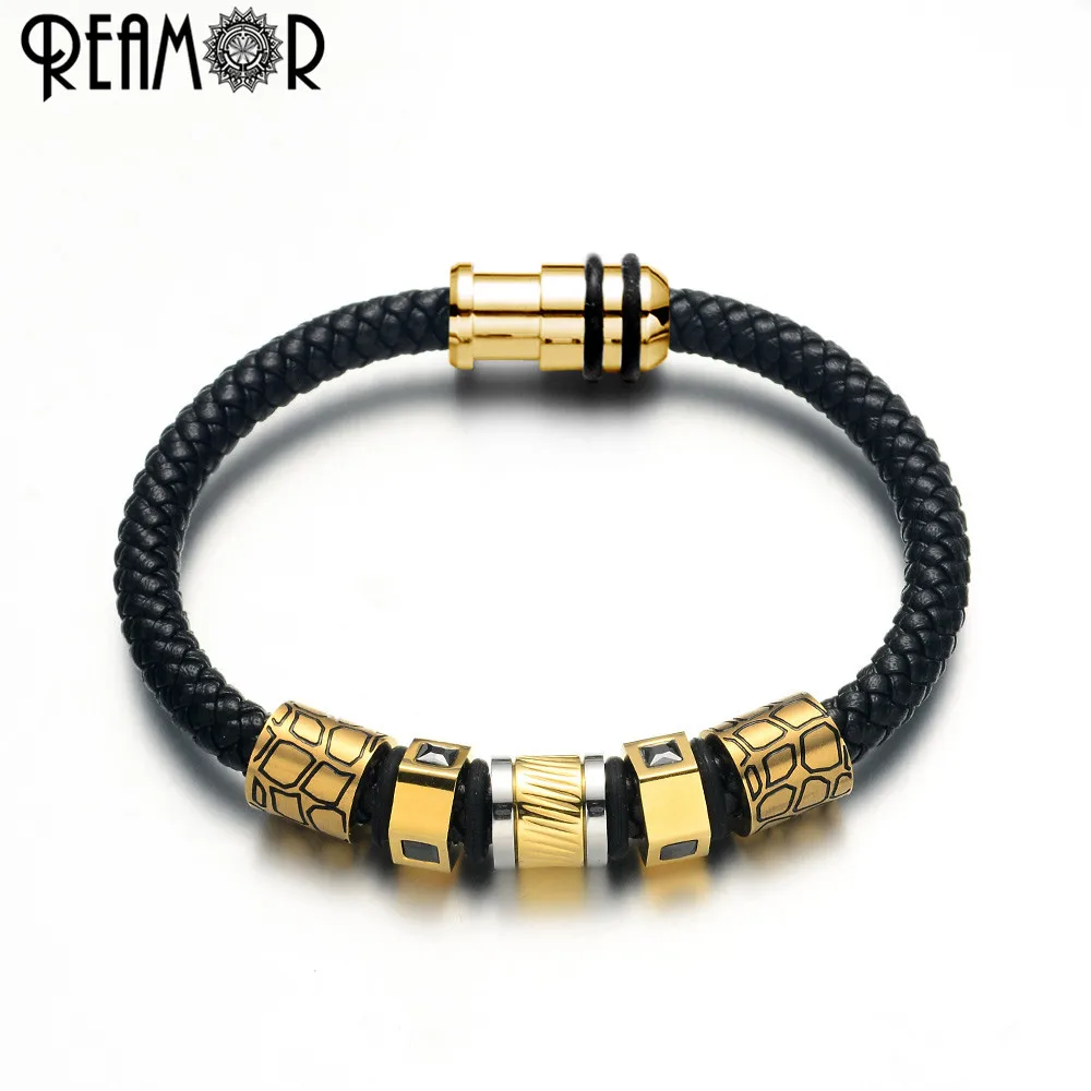 

RUIMO Trendy Black Men Bracelet Jewelry Genuine Braided Leather Bracelet For Men Plating Gold Bracelets Magnetic Male Bangles