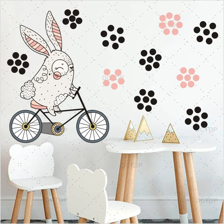 

Happy Rabbit Ride Bicycle Jungle Animal Bunny Wall Stickers Cartoon For Kids Rooms Nursery Color Dot Wall Decals Home Decoration