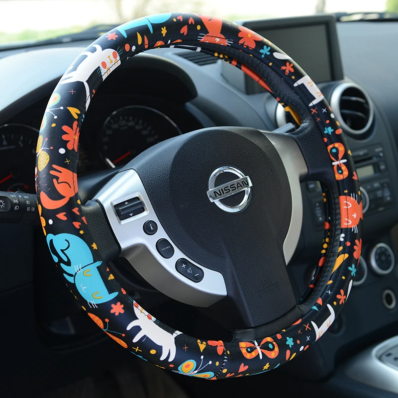 Cartoon Car Steering Wheel Cover PU Leather Cute Cat Auto Interior