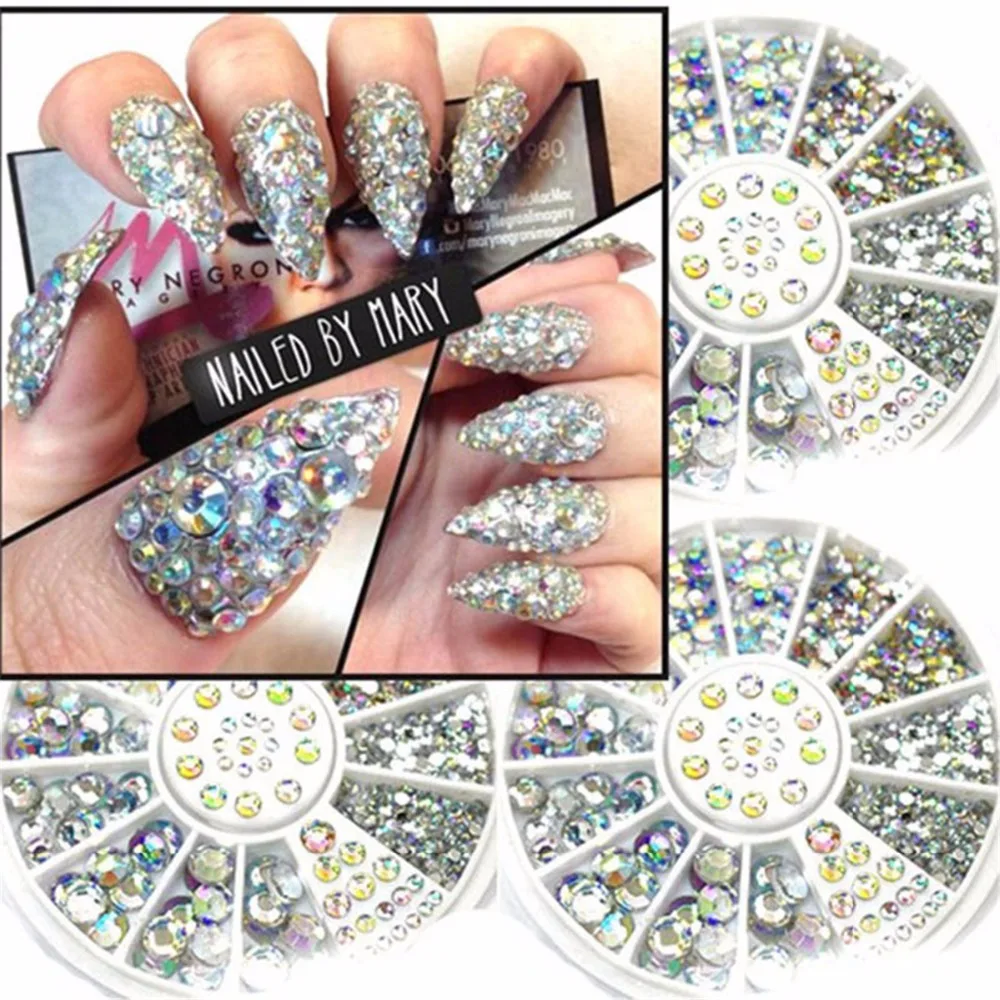 

1 Case Crystal Rhinestones Nails Tips Clear/AB No Hot Fix Glue DIY Glitter Designs Nail Art Manicure Mixed Size 3D Stones