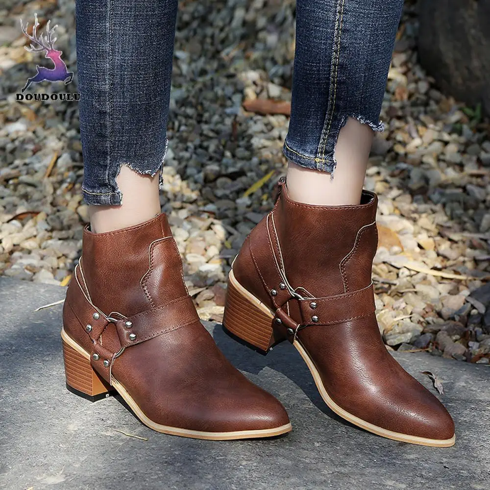 Women's Motorcycle Biker Leather Shoes Ankle Boots Retro Low Heeled