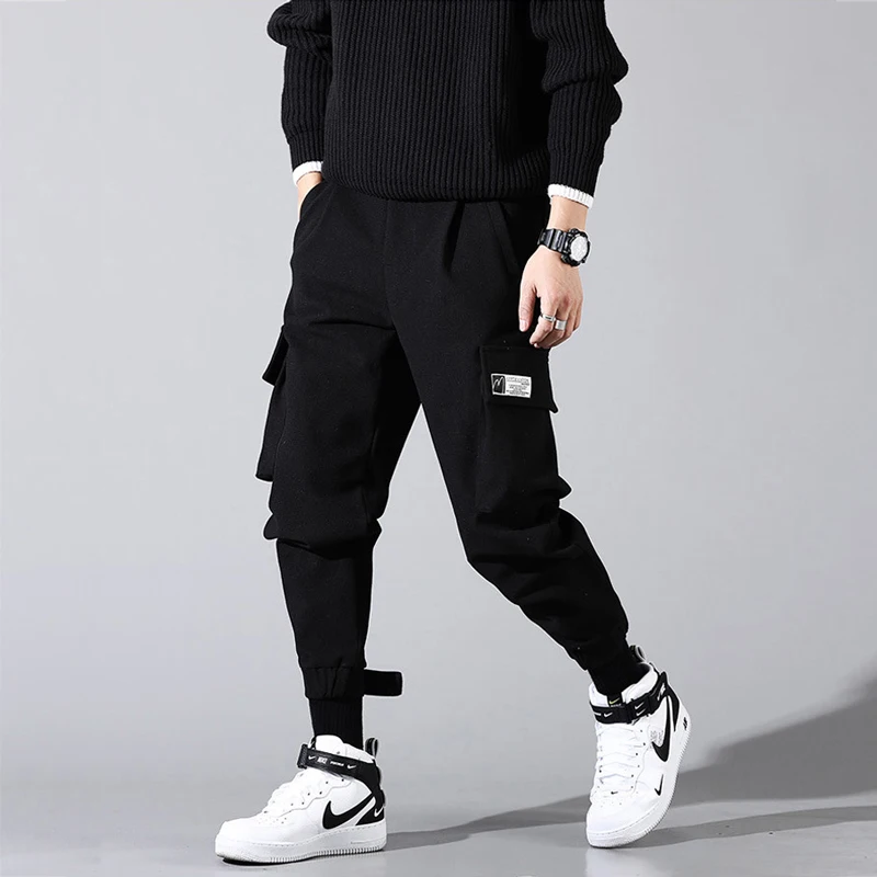 

Fashion Streetwear Joggers Pants Men Loose Fit Autumn Winter Fleece Cargo Pants Harem Trousers Black Slack Bottom Hip Hop Pants