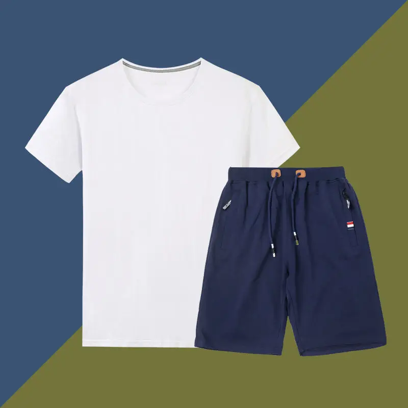 5XL, летние комплекты с шортами, мужские повседневные Костюмы, хлопковая спортивная одежда, спортивный костюм, мужская верхняя одежда, свитшоты, толстовки размера плюс, одноцветная футболка+ штаны - Цвет: W-N