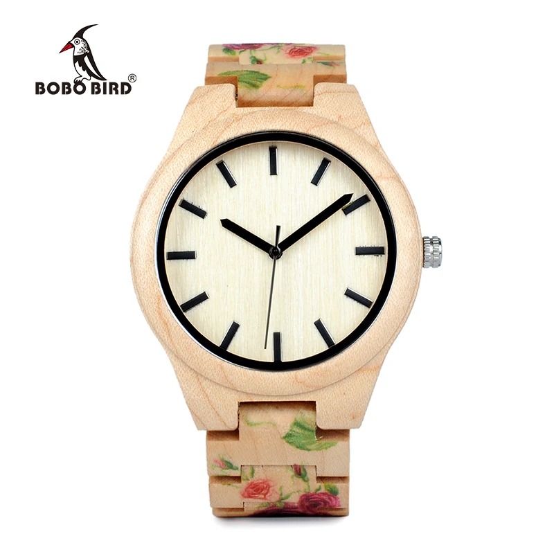 BOBO BIRD WL26 Strong Pine Wood Watches Brand Designer Watch for Men Women New UV Printing Flower Wooden Band Quartz Watch