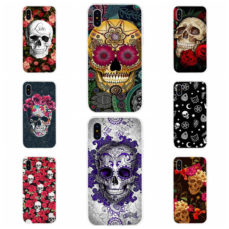 Fashion Retro Style Flower Skull Phone Case For iPhone6 7 8 plus XS Max X XR Cover Soft Black Back Coque I034 | Мобильные телефоны
