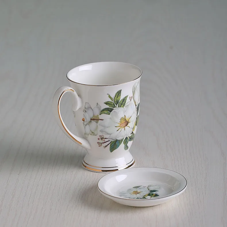300 мл белая роза костяного фарфора кофейная кружка качественные товары позолоченная керамическая чашка Модный цветочный дизайн