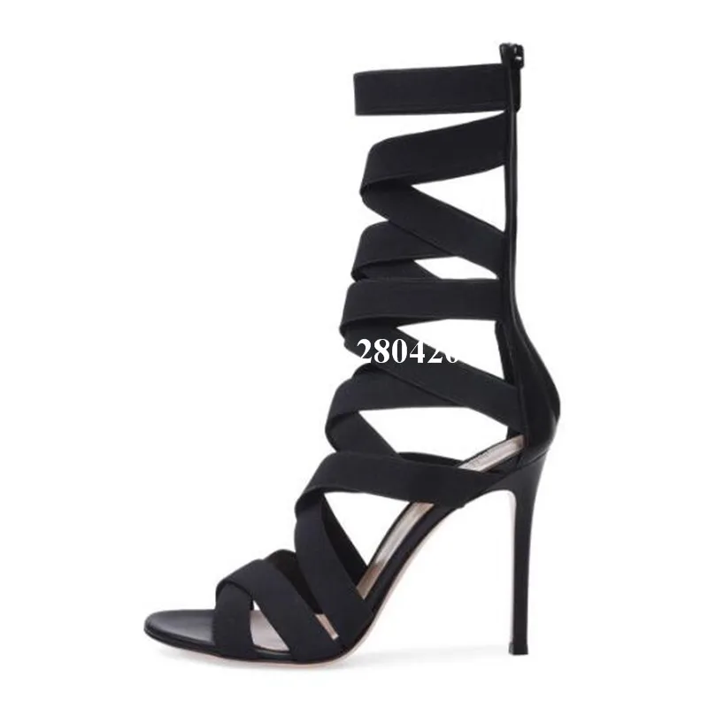 

New Fashion Sandals Women Super High Heels Lace Up Peep Toe Cover Heel Ankle Strap With Zipper Thin Heel Black Shoes Women