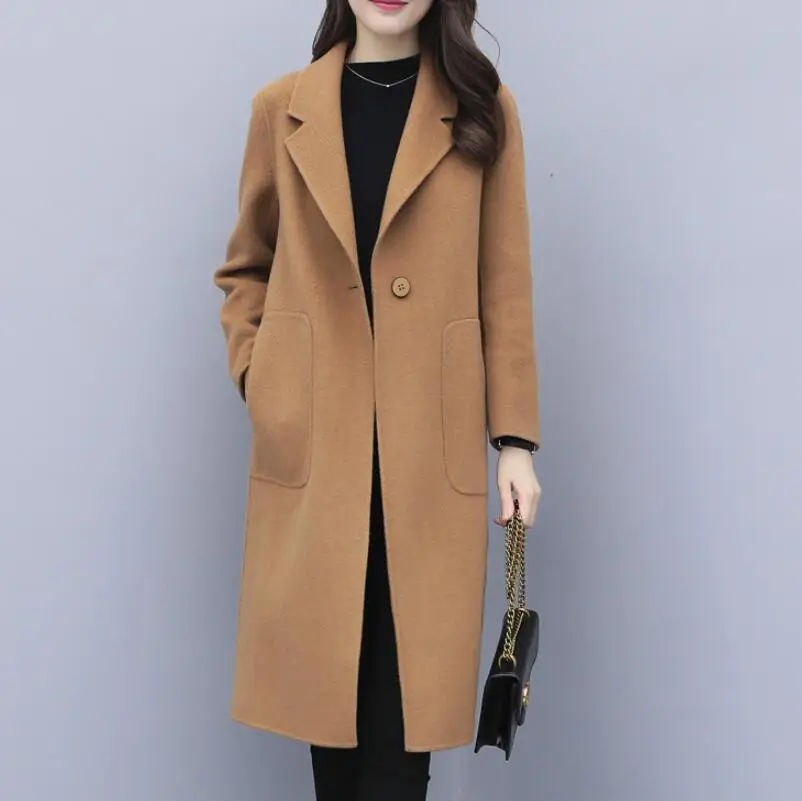 

2019 High quality women's woolen coat simple long-sleeved suit collar belt long Windbreak Parker spring Autumn outerwear office