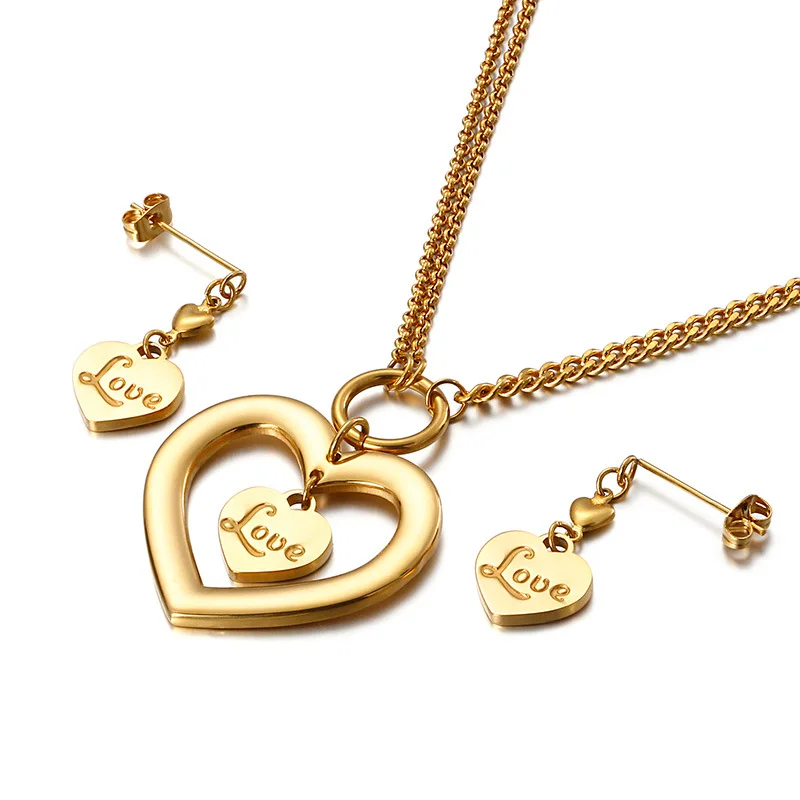 

New fashion design gold silver stainless Double heart Love charms earring and necklace jewelry set women gift lover jewelry