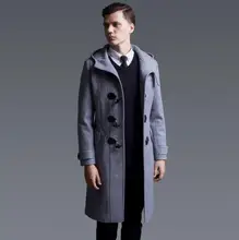 Hooded casual woolen coat men horns buckle trench coats overcoat mens cashmere coat england autumn winter black grey fashion
